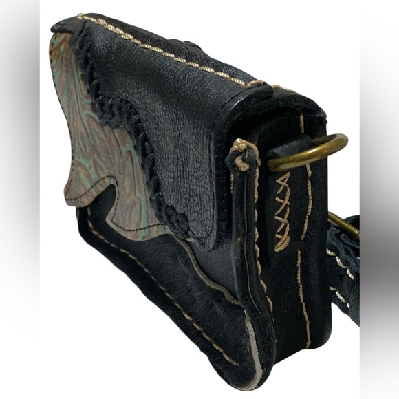 Mini Black Leather Bohemian Crossbody Travel Bag w/Artisan Accent Normcore - Picture 7 of 14